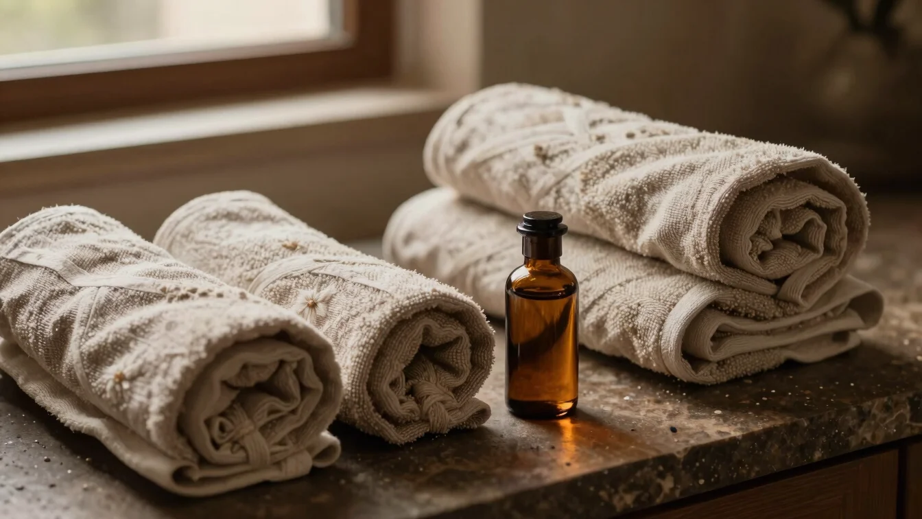 Close-up of neatly rolled linen towels and glass bottle of amber botanical oil on warm dark stone