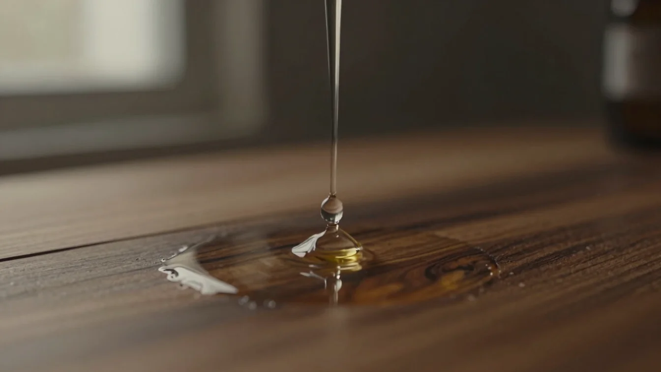 Macro detail of essential oil droplet falling into clear water surrounded by warm dark cedar wood
