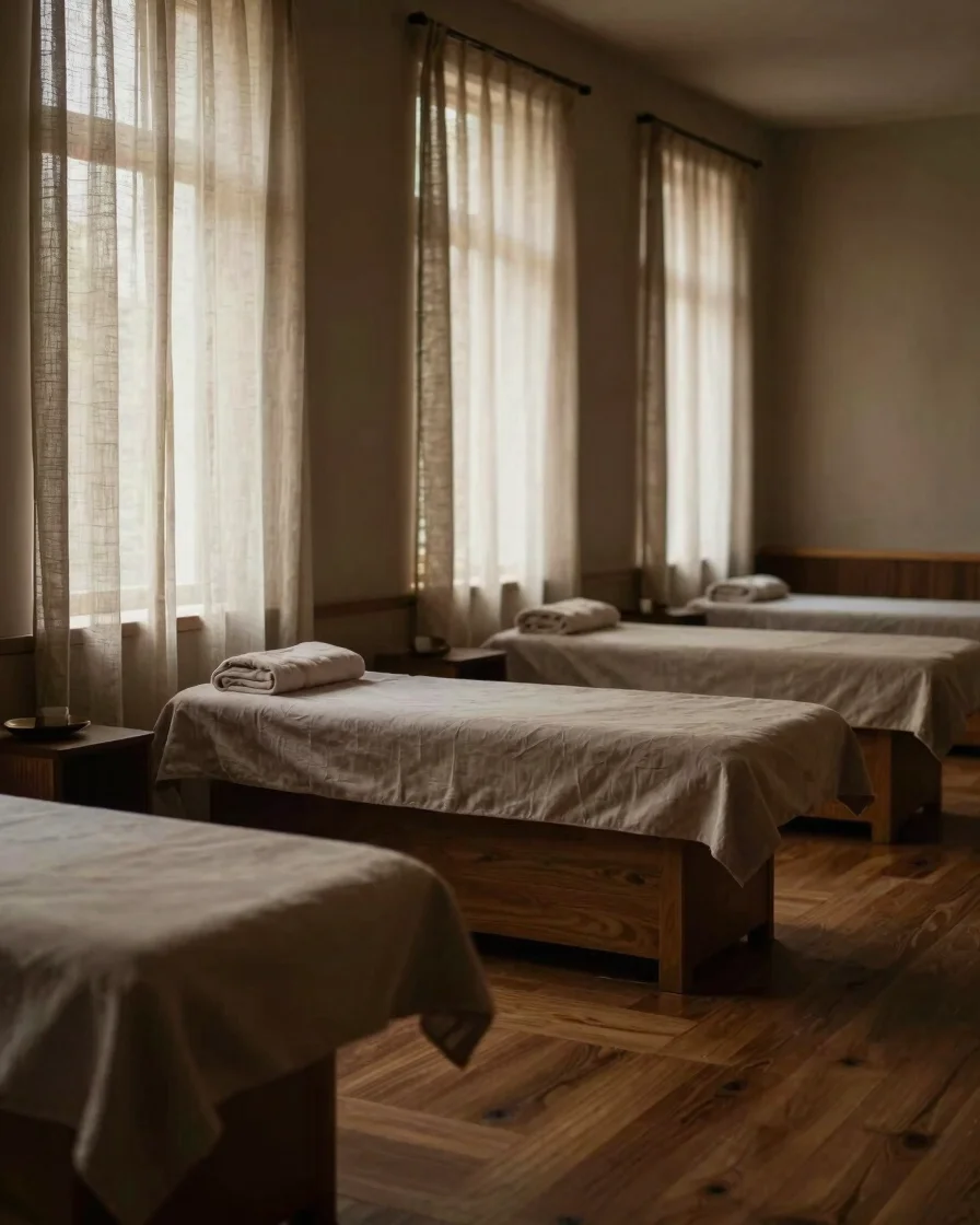 Warm moody portrait of a quiet spa lounge space, soft natural window light filtering through linen drapery onto warm woo