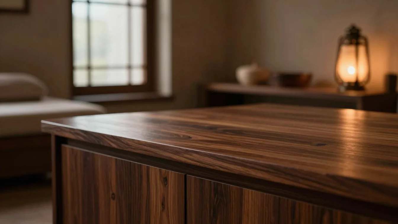 Intimate close-up of dark polished teak wood details and soft ambient lantern light inside a calm spa suite